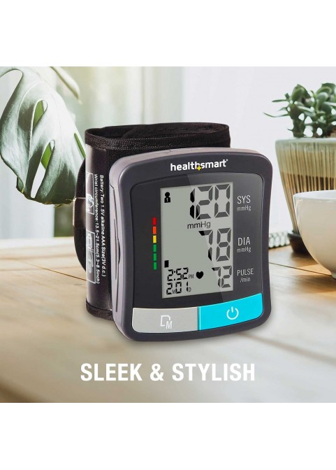 HealthSmart Digital Blood Pressure Monitor with Automatic Wrist Cuff that Displays Blood Pressure, Pulse Rate and Irregular Heartbeat, Stores up to 120 Readings for 2 Users, Black