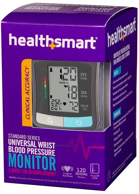 HealthSmart Digital Blood Pressure Monitor with Automatic Wrist Cuff that Displays Blood Pressure, Pulse Rate and Irregular Heartbeat, Stores up to 120 Readings for 2 Users, Black